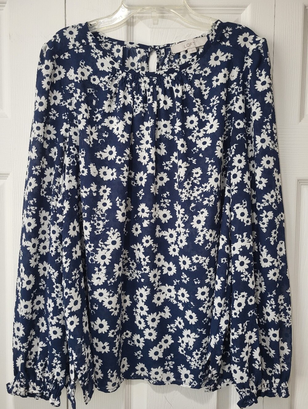 LOFT Navy Blue and White Floral Long-Sleeve Top, Size L